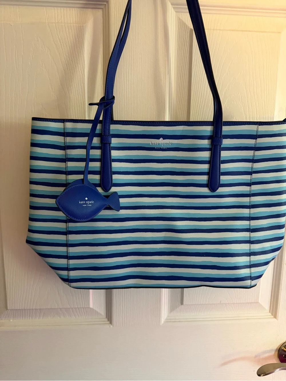 kate spade Blue and Teal Striped Tote with Fish Charm